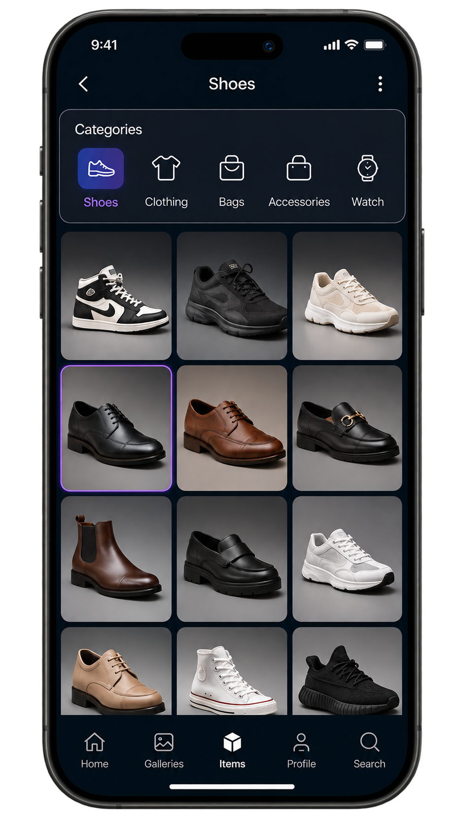 Shoes category view with Items selected