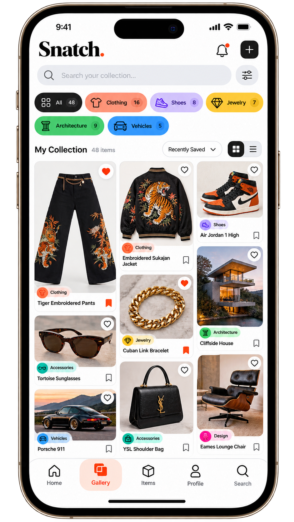 A Snatch collection gallery with colorful categories for clothing, shoes, jewelry, architecture and other discoveries